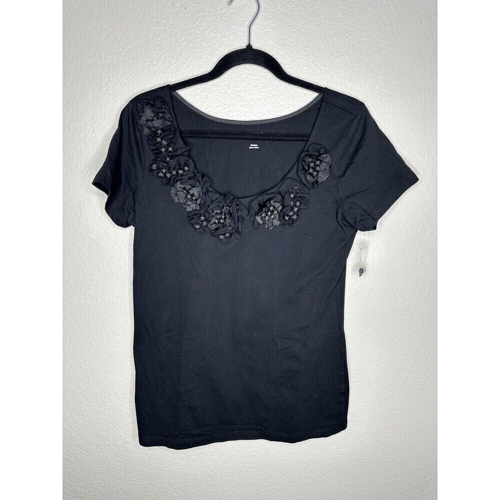 Soft Surroundings Shirt Womens Medium Black Embellished Rosette Beaded Gothic